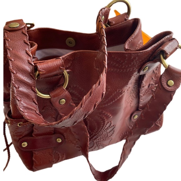 Kooba Sienna Dark Brown Leather Whip Stitched Embossed Floral Shoulder Bag EUC - Picture 7 of 16